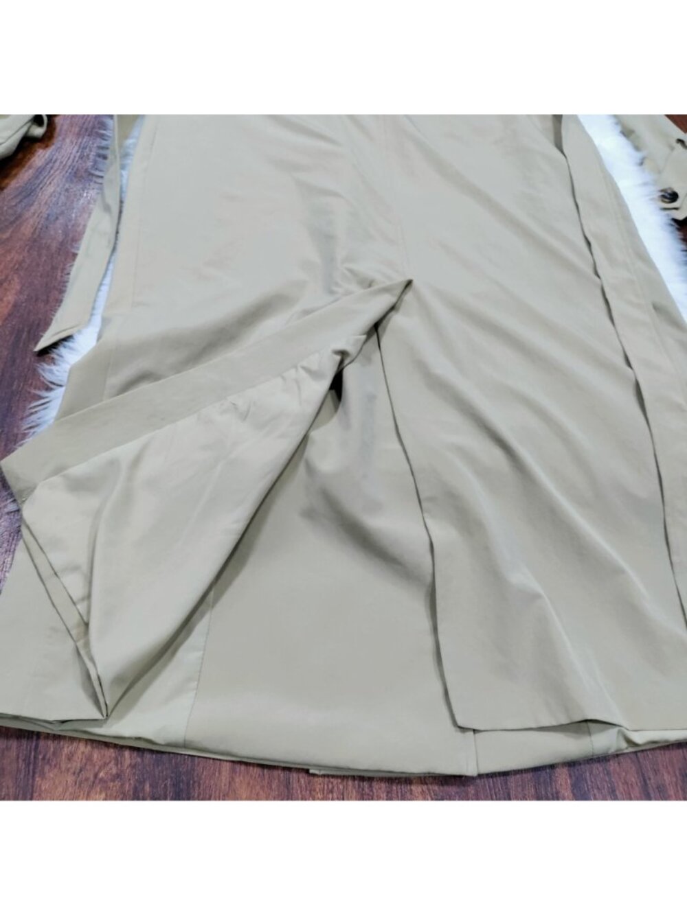Line and Dot Beige Double Breasted Lux Belted Long Trench Coat Women's Size S-M - Picture 16 of 16